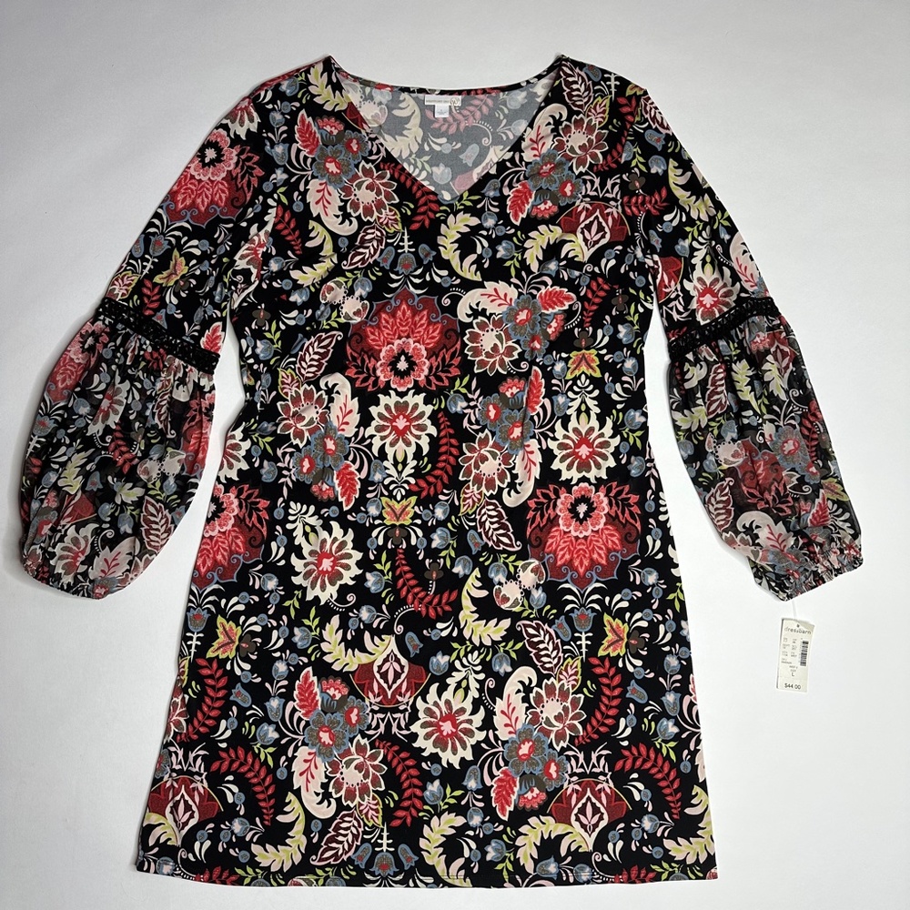 NWT Floral Hippie Strech Midi Longsleeved Dress -black red, lace puffer sleeve L - Picture 2 of 16